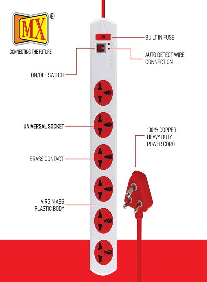 ام كي شريط طاقة MX بستة منافذ مع مقبس عالمي، مفتاح رئيسي، فيوز، مؤشر LED، حماية من ارتفاع التيار، لوحة تمديد، كشف تلقائي لتوصيل الأسلاك، طول 5 أمتار - Image 3